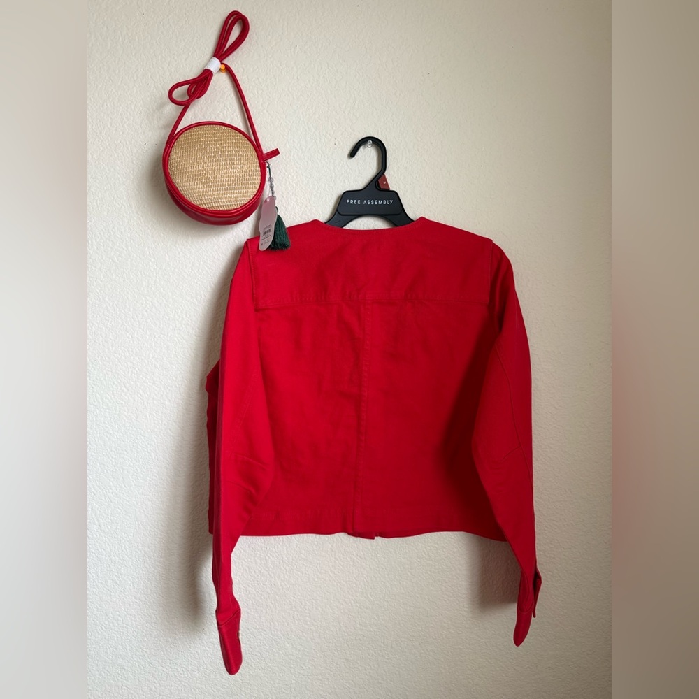 Bright Red Button-Front Jean Jacket and Cherry Crossbody Bag - Picture 4 of 6